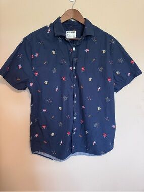Express Navy Short-Sleeve Button-Up Shirt with Summer Print